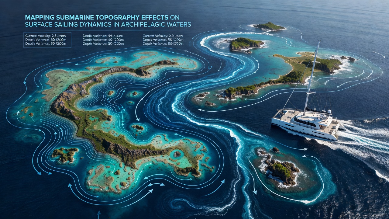 Sailboat navigating through island passage with overlaid current vectors derived from bathymetric data