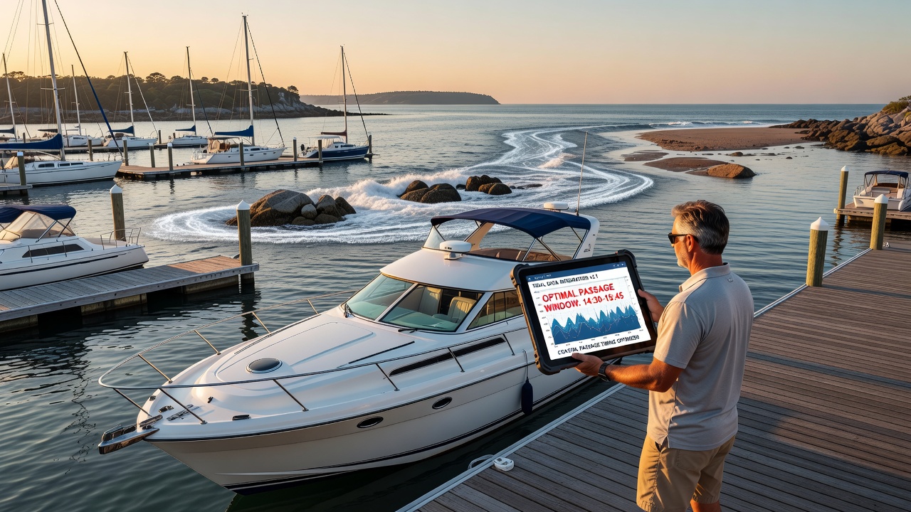 Boater reviewing integrated tidal and navigation data on a tablet during coastal passage